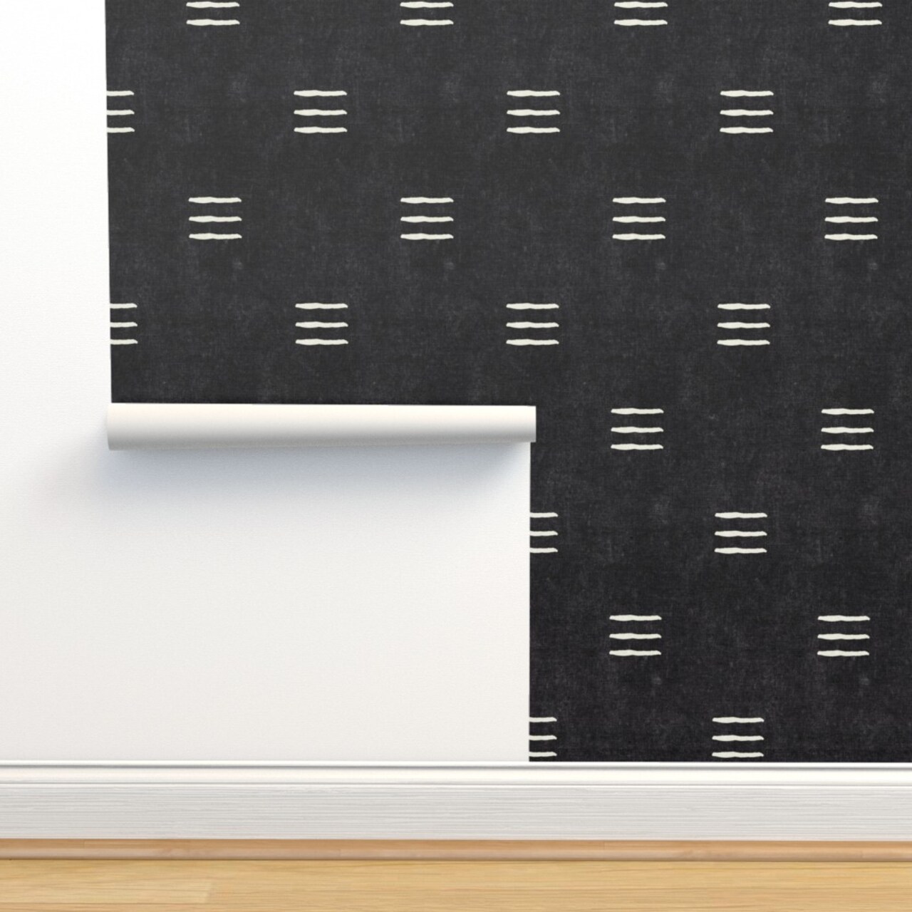 Mudcloth Black White Dark Modern Boho Trendy Tribal Stripes Farmhouse Bohemian Custom Pre-pasted Wallpaper by Spoonflower Pre-Pasted Wallpaper 2FT Wide